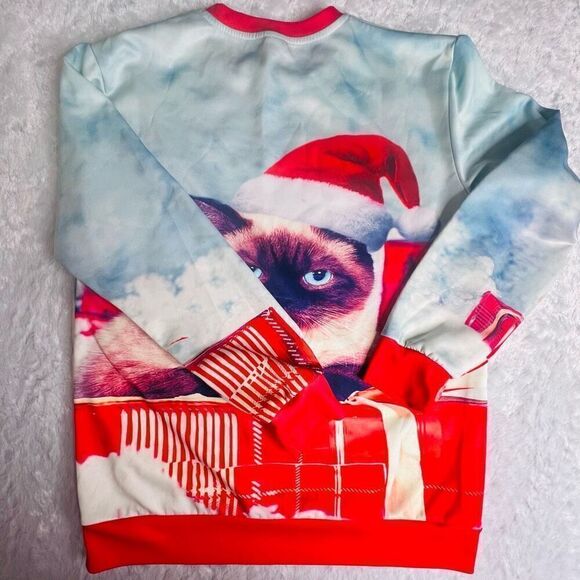 AideaOne Womens Multicolor Pre-Shrunk Santa Siamese Cat Pullover Shirt Large - Picture 2 of 4